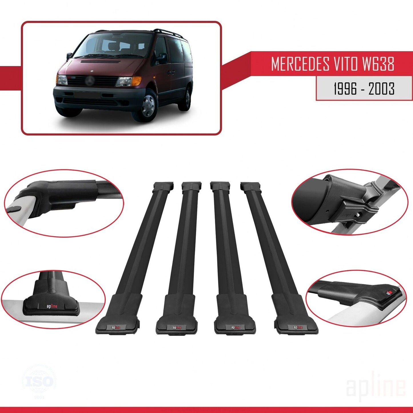 Compatible avec Mercedes Vito (W638) 1996-2003 FLY Model Barres de Toit Railing Porte-Bagages de Voiture Noir Aluminium 4 Barres