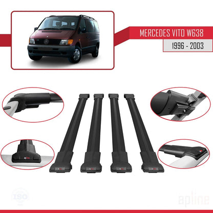 Compatible avec Mercedes Vito (W638) 1996-2003 FLY Model Barres de Toit Railing Porte-Bagages de Voiture Noir Aluminium 4 Barres
