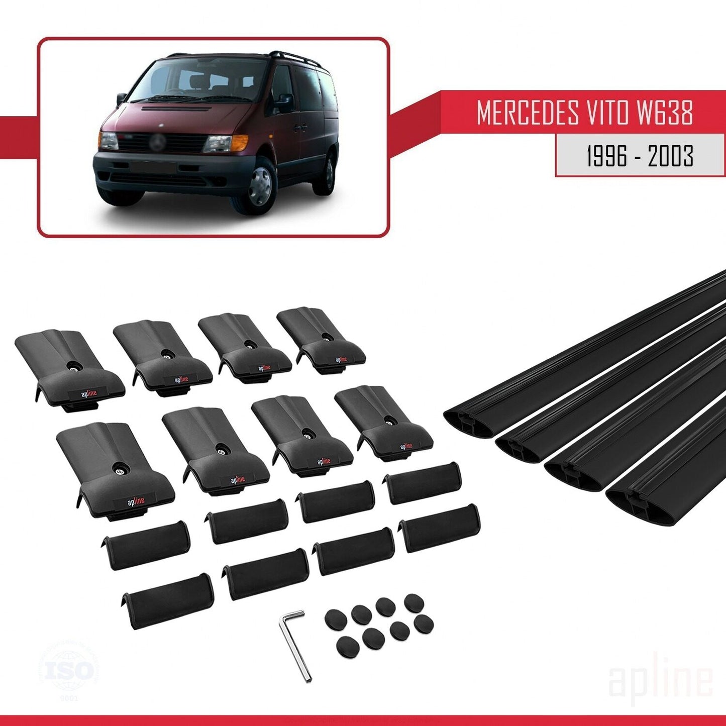 Compatible avec Mercedes Vito (W638) 1996-2003 FLY Model Barres de Toit Railing Porte-Bagages de Voiture Noir Aluminium 4 Barres