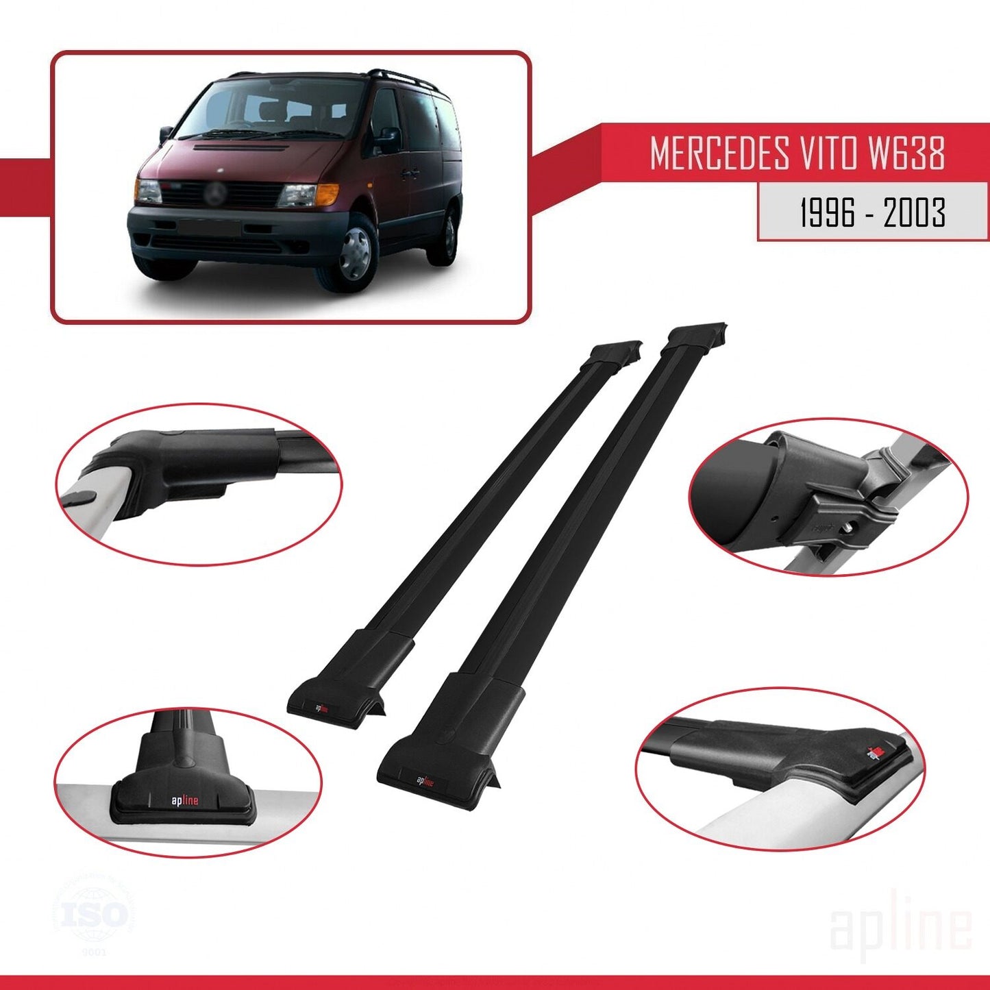Compatible avec Mercedes Vito (W638) 1996-2003 FLY Model Barres de Toit Railing Porte-Bagages de Voiture Noir Aluminium 2 Barres