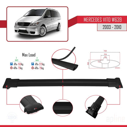 Compatible avec Mercedes Vito 2 (W639) Pre-Facelift 2003-2010 FLY Model Barres de Toit Railing Porte-Bagages de Voiture Noir Aluminium 2 Barres