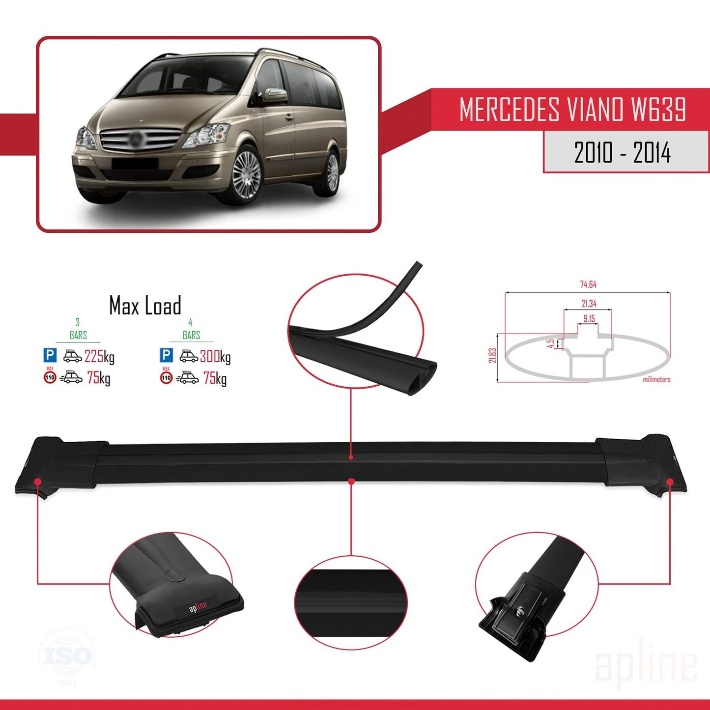 Compatible with Mercedes Viano 2 (W639) Post-Facelift 2010-2014 FLY Model Car Roof Rack Cross Bar Black Aluminium 3 Bars
