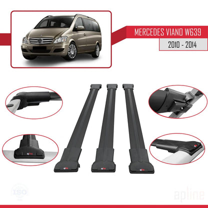 Compatible with Mercedes Viano 2 (W639) Post-Facelift 2010-2014 FLY Model Car Roof Rack Cross Bar Black Aluminium 3 Bars