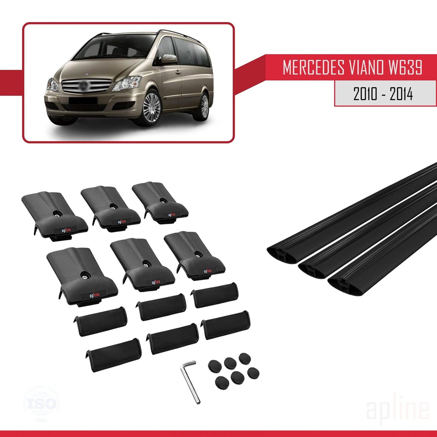 Compatible with Mercedes Viano 2 (W639) Post-Facelift 2010-2014 FLY Model Car Roof Rack Cross Bar Black Aluminium 3 Bars