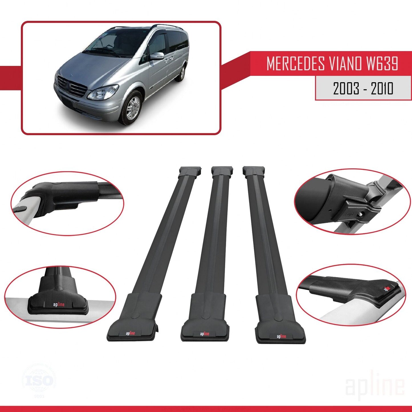 Compatible with Mercedes Viano 2 (W639) Pre-Facelift 2003-2010 FLY Model Car Roof Rack Cross Bar Black Aluminium 3 Bars