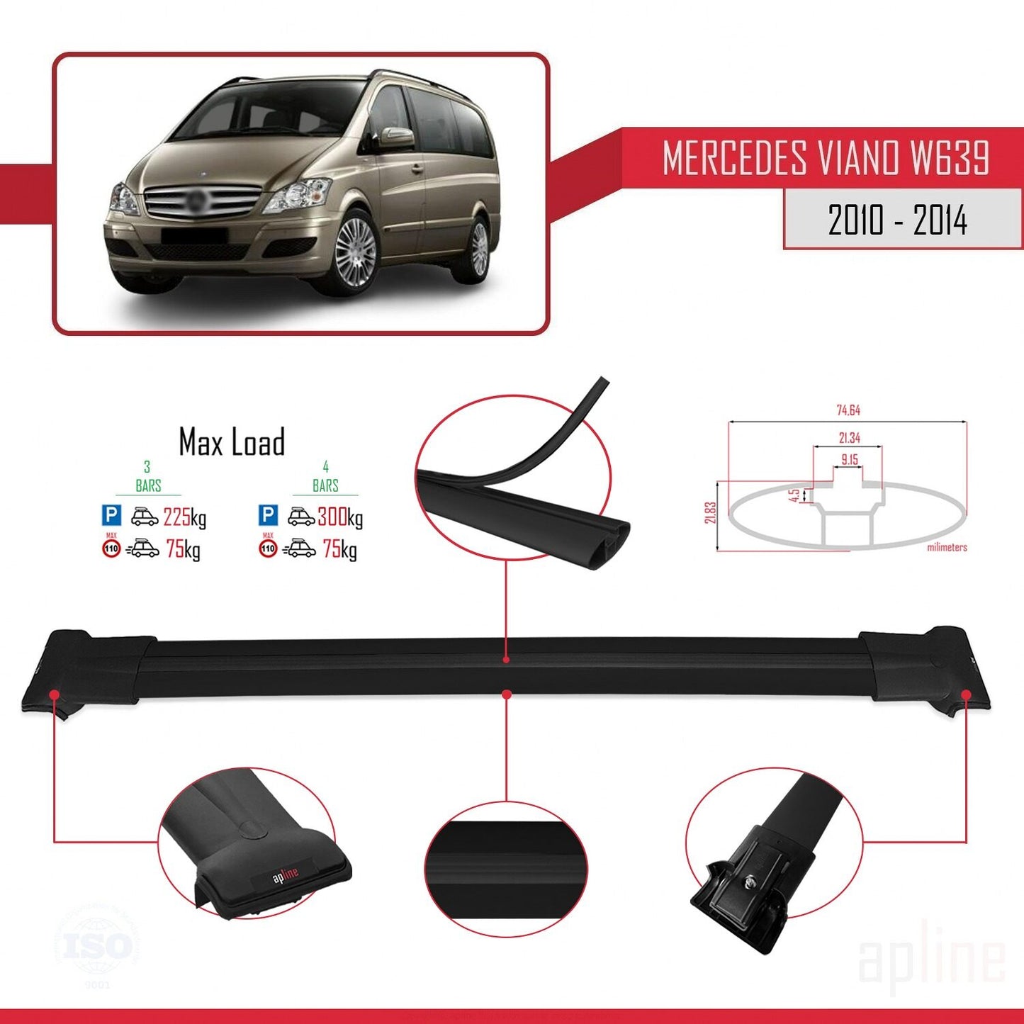 Compatible with Mercedes Viano 2 (W639) Post-Facelift 2010-2014 FLY Model Car Roof Rack Cross Bar Black Aluminium 4 Bars
