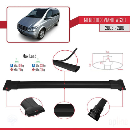Compatible with Mercedes Viano 2 (W639) Post-Facelift 2010-2014 FLY Model Car Roof Rack Cross Bar Black Aluminium 2 Bars