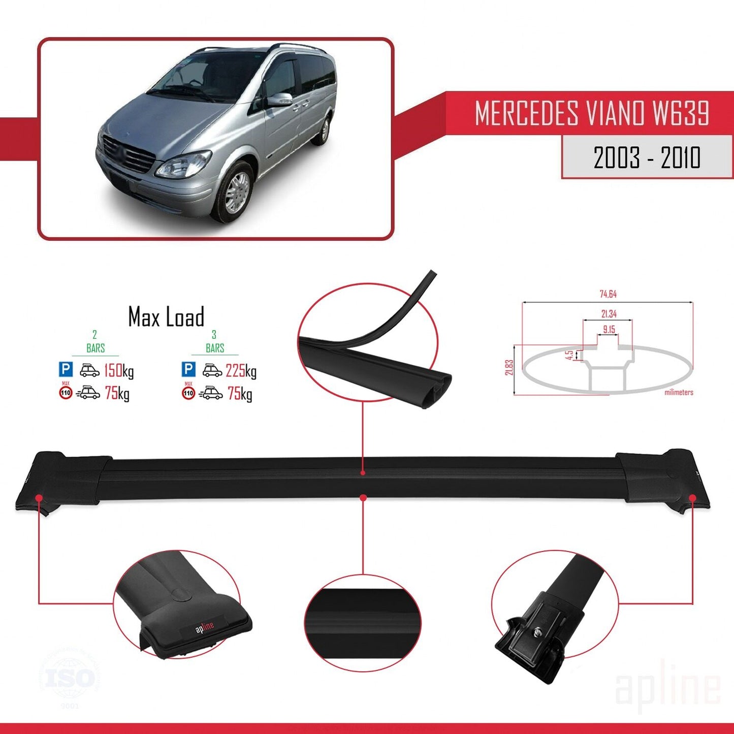 Compatible avec Mercedes Viano 2 (W639) Pre-Facelift 2003-2010 FLY Model Barres de Toit Railing Porte-Bagages de Voiture Noir Aluminium 2 Barres