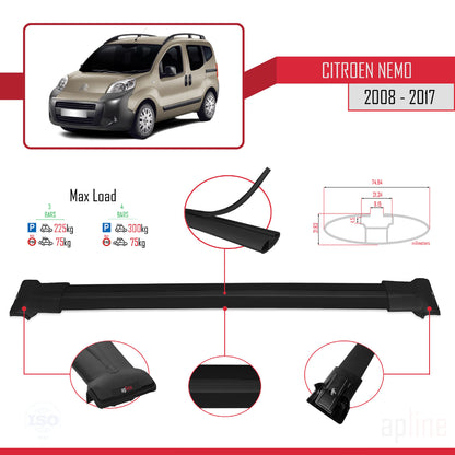 Compatible avec Citroen Nemo 3 (225) 2008-2017 FLY Model Barres de Toit Railing Porte-Bagages de Voiture Noir Aluminium 3 Barres