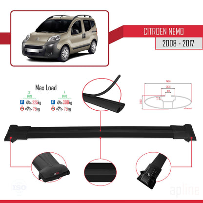 Compatible avec Citroen Nemo 3 (225) 2008-2017 FLY Model Barres de Toit Railing Porte-Bagages de Voiture Noir Aluminium 4 Barres