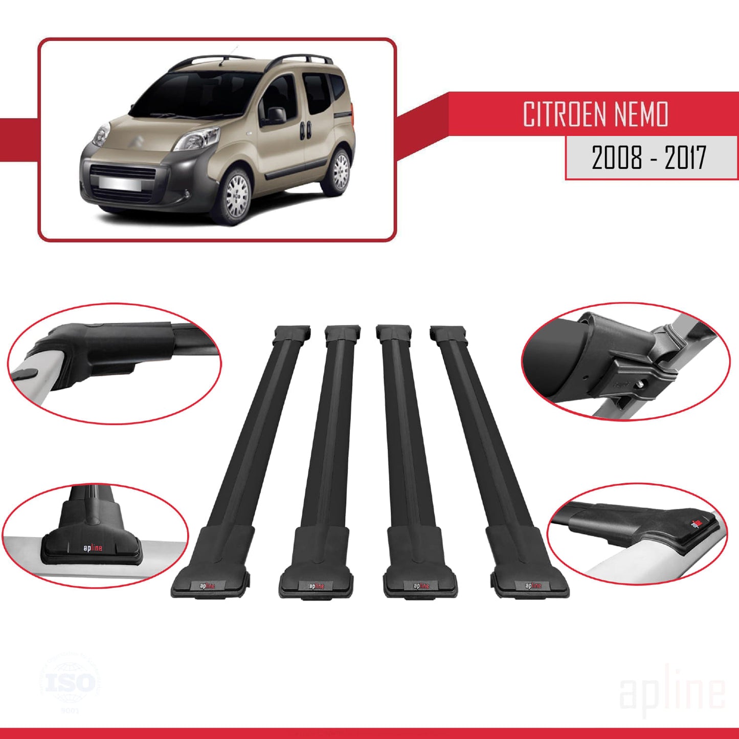 Compatible avec Citroen Nemo 3 (225) 2008-2017 FLY Model Barres de Toit Railing Porte-Bagages de Voiture Noir Aluminium 4 Barres