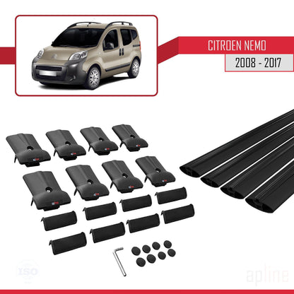 Compatible avec Citroen Nemo 3 (225) 2008-2017 FLY Model Barres de Toit Railing Porte-Bagages de Voiture Noir Aluminium 4 Barres