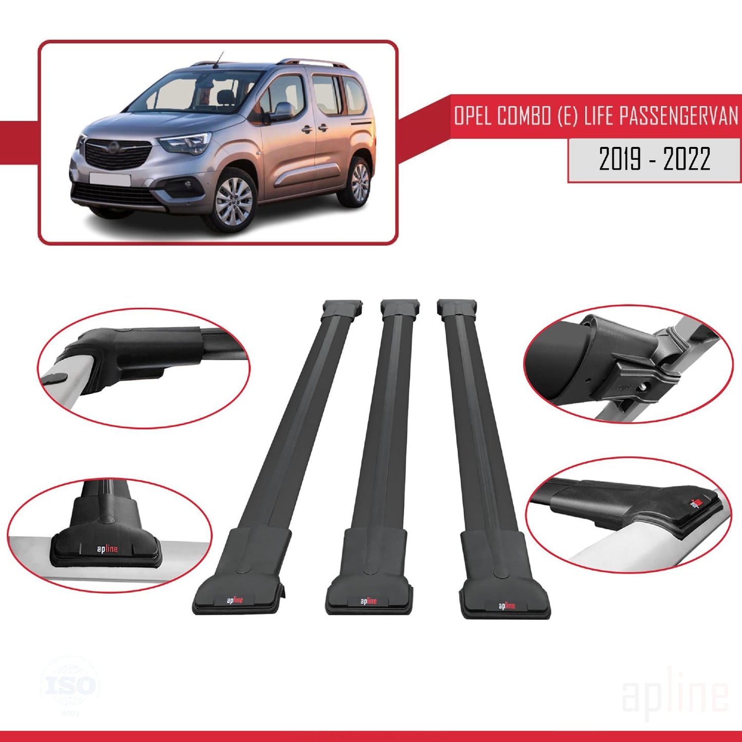 Compatible avec Opel Combo E Cargo 2019-2022 FLY Model Barres de Toit Railing Porte-Bagages de Voiture Noir Aluminium 3 Barres