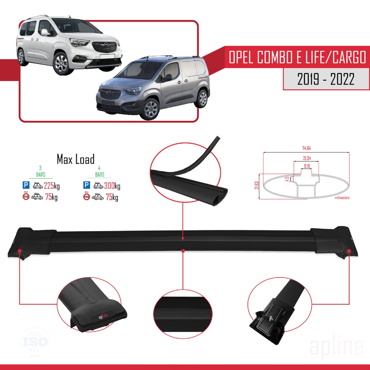 Compatible avec Opel Combo E Life 2019-2022 FLY Model Barres de Toit Railing Porte-Bagages de Voiture Noir Aluminium 3 Barres