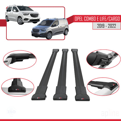 Compatible avec Opel Combo E Life 2019-2022 FLY Model Barres de Toit Railing Porte-Bagages de Voiture Noir Aluminium 3 Barres