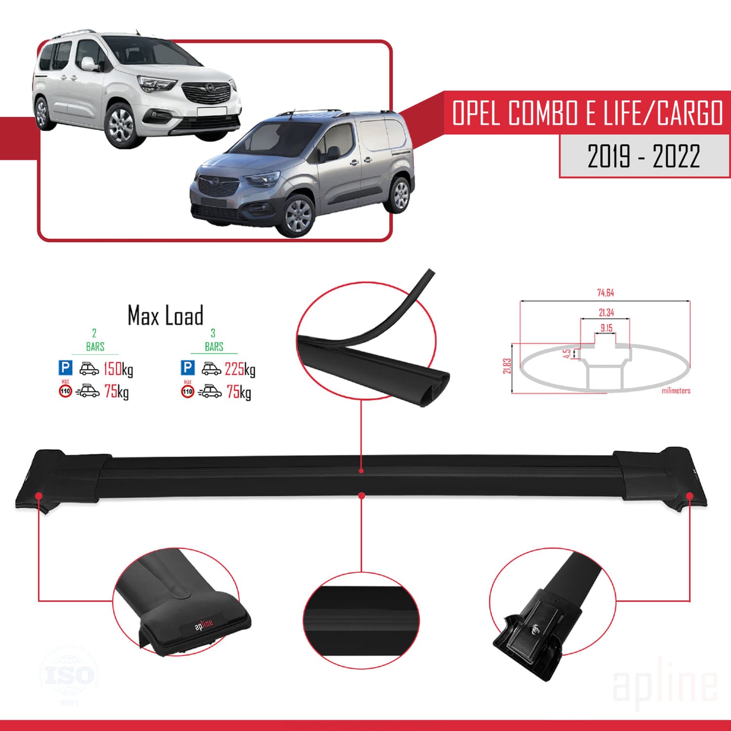 Compatible avec Opel Combo E Life 2019-2022 FLY Model Barres de Toit Railing Porte-Bagages de Voiture Noir Aluminium 2 Barres