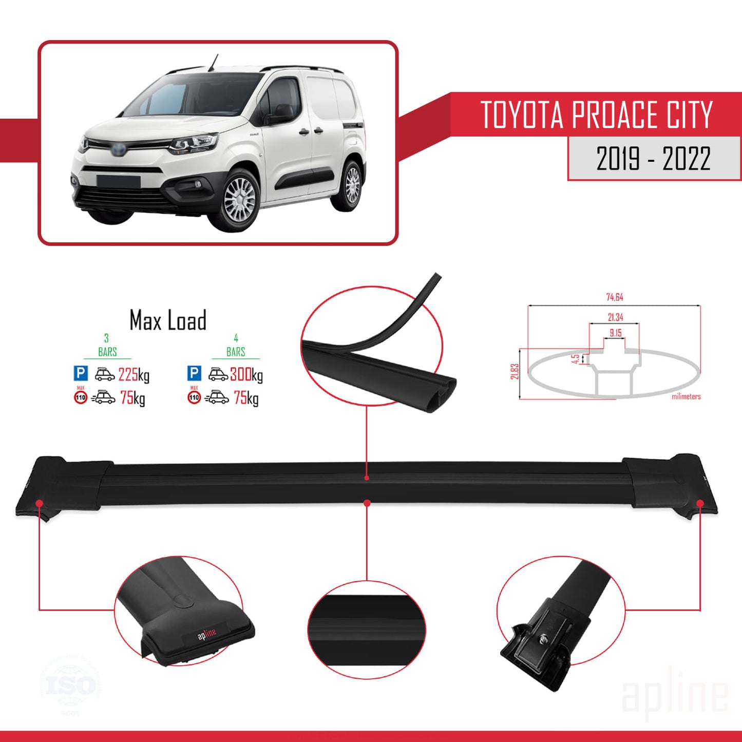 Compatible avec Toyota Proace City 2019-2022 FLY Model Barres de Toit Railing Porte-Bagages de Voiture Noir Aluminium 4 Barres