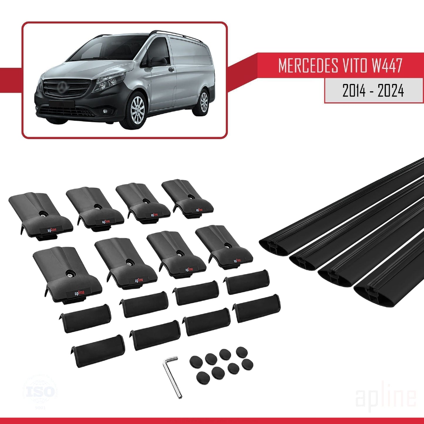Compatible avec Mercedes Vito 3 (W447) 2014-2025 FLY Model Barres de Toit Railing Porte-Bagages de Voiture Noir Aluminium 4 Barres