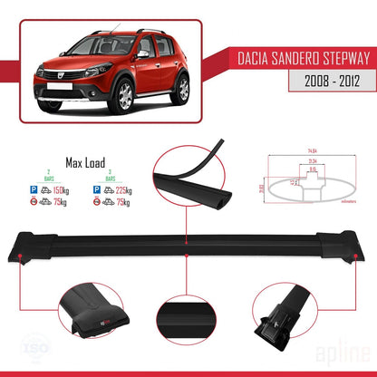 Compatible avec Dacia Sandero Stepway 2008-2012 FLY Model Barres de Toit Railing Porte-Bagages de Voiture Noir Aluminium 2 Barres
