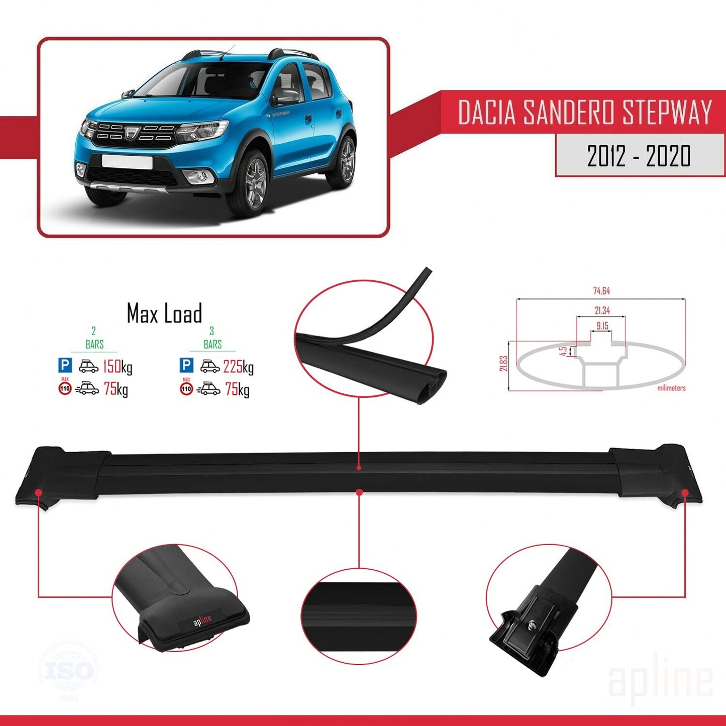 Compatible avec Dacia Sandero Stepway 2 2012-2020 FLY Model Barres de Toit Railing Porte-Bagages de Voiture Noir Aluminium 2 Barres