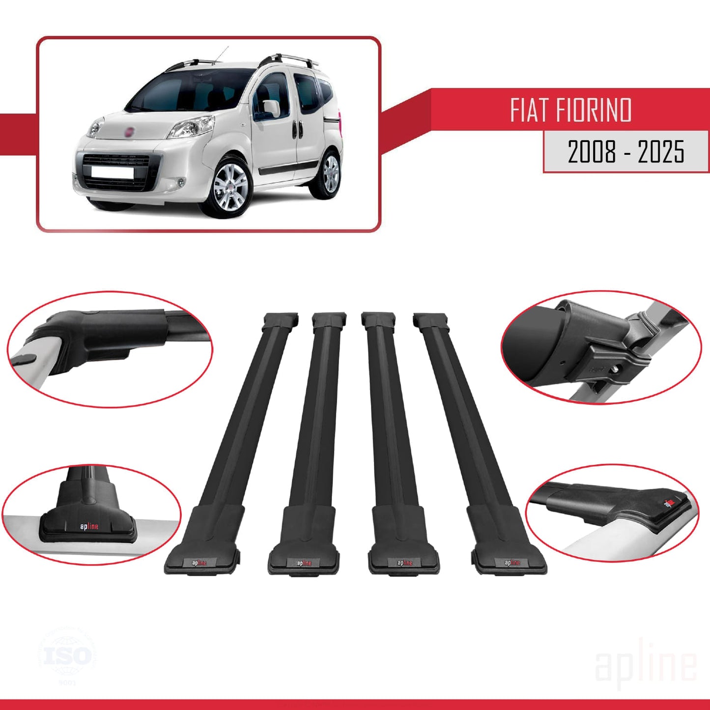 Compatible avec Fiat Fiorino 3 2008-2025 FLY Model Barres de Toit Railing Porte-Bagages de Voiture Noir Aluminium 4 Barres