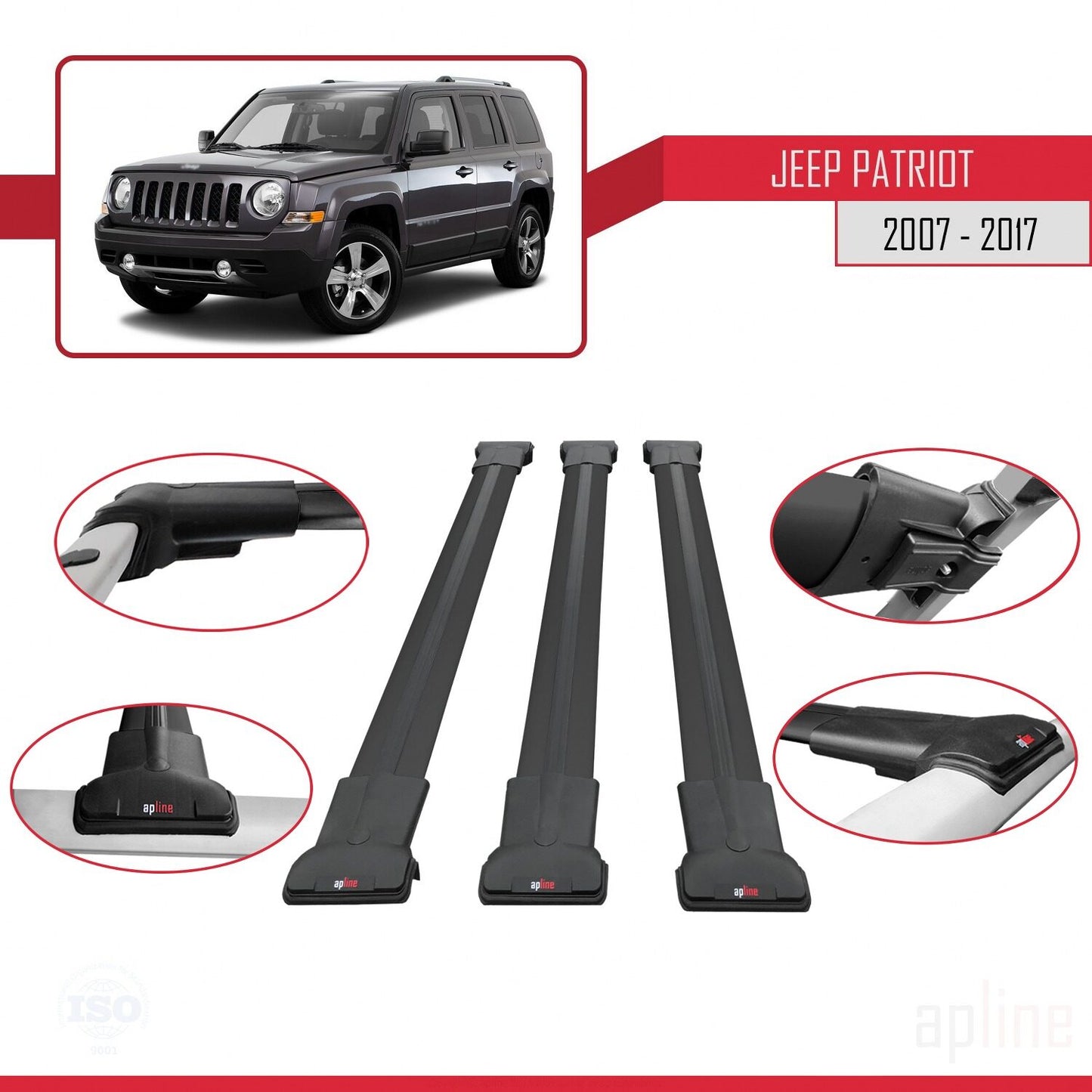 Compatible avec Jeep Patriot 2007-2017 FLY Model Barres de Toit Railing Porte-Bagages de Voiture Noir Aluminium 3 Barres
