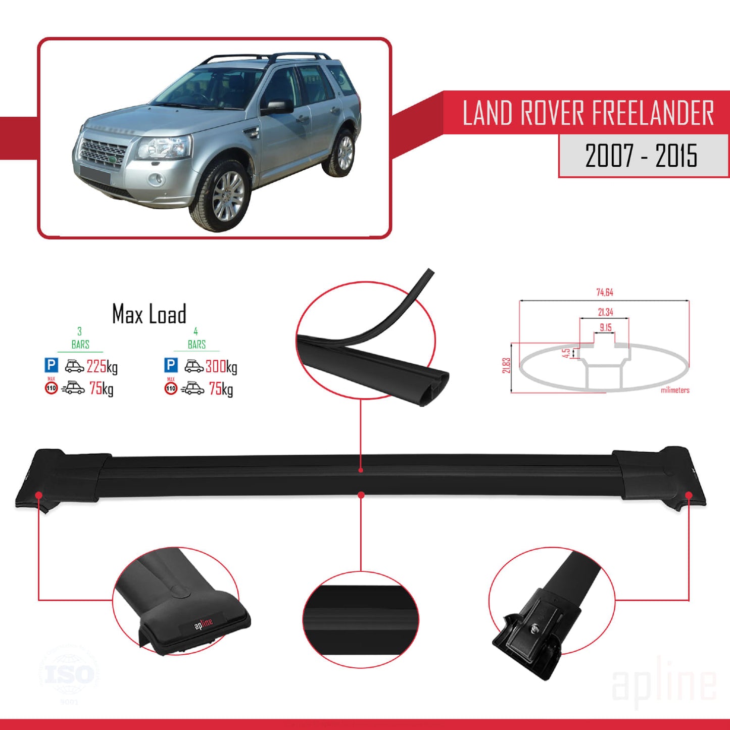 Compatible avec Land Rover Freelander 2 (L359) 2007-2015 FLY Model Barres de Toit Railing Porte-Bagages de Voiture Noir Aluminium 3 Barres