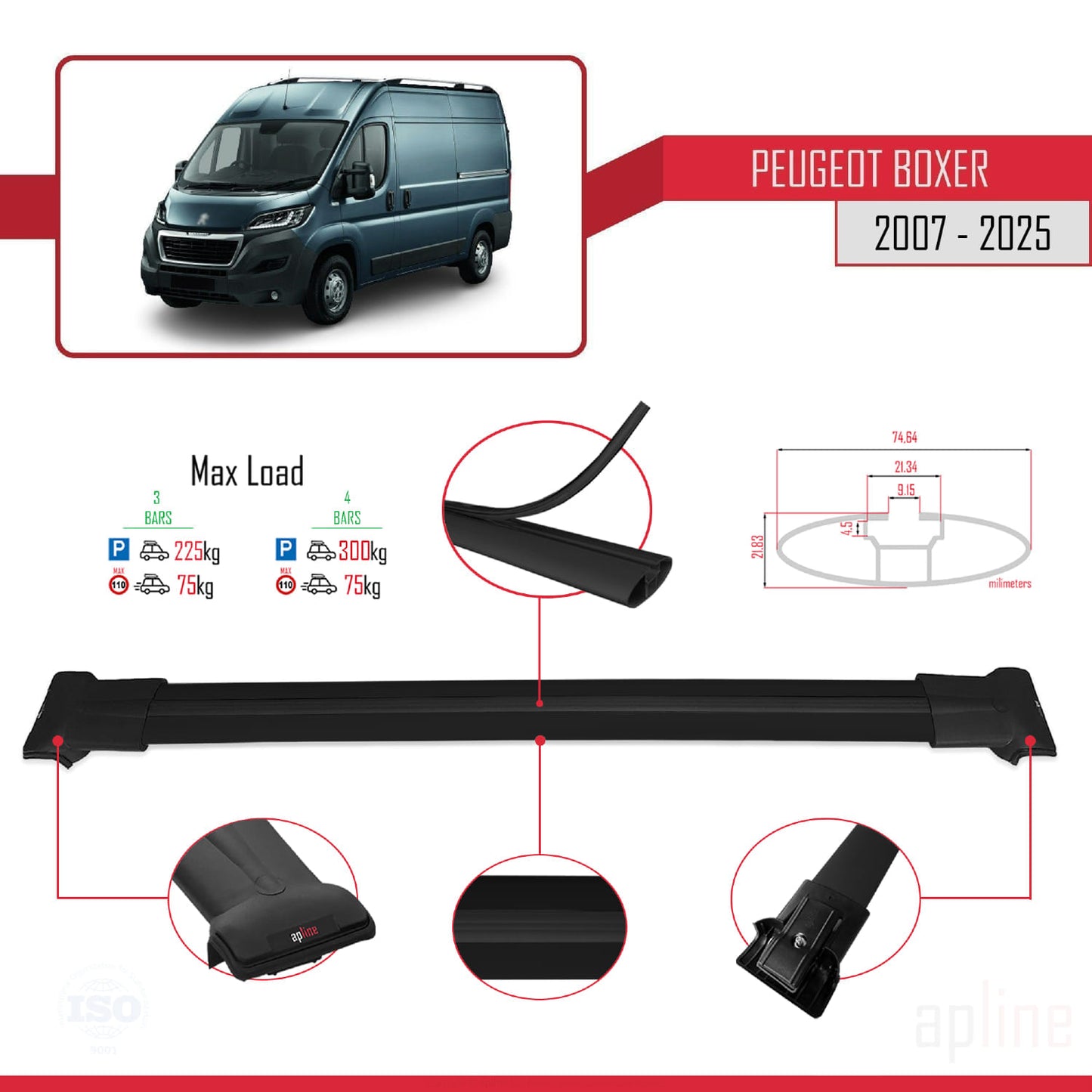 Compatible with Peugeot Boxer 2 2007-2025 FLY Model Car Roof Rack Cross Bar Black Aluminium 4 Bars