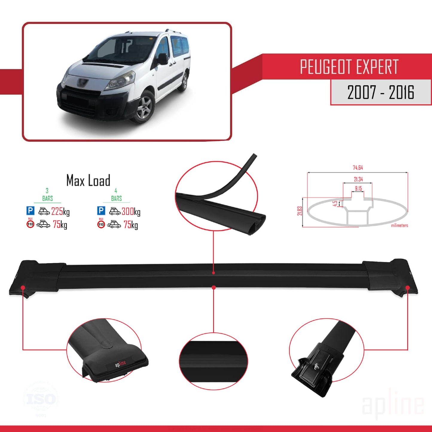 Compatible with Peugeot Expert 2 2007-2016 FLY Model Car Roof Rack Cross Bar Black Aluminium 3 Bars