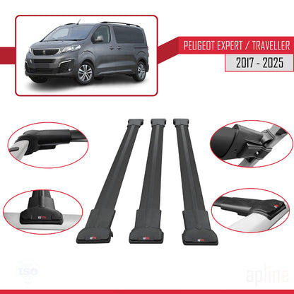 Compatible with Peugeot Expert 3 Traveller 2017-2025 FLY Model Car Roof Rack Cross Bar Black Aluminium 3 Bars