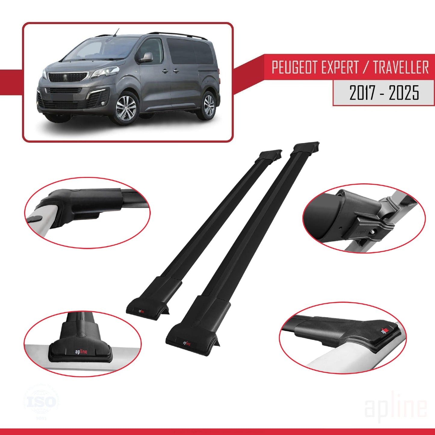 Compatible with Peugeot Expert 3 Traveller 2017-2025 FLY Model Car Roof Rack Cross Bar Black Aluminium 2 Bars