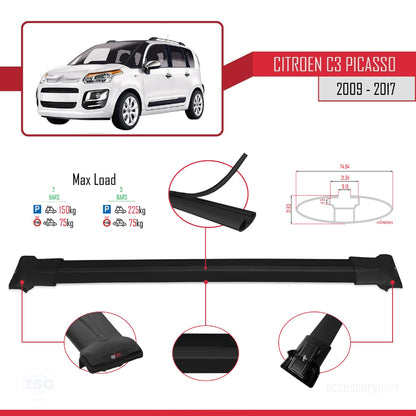 Compatible avec Citroen C3 Picasso 2009-2017 FLY Model Barres de Toit Railing Porte-Bagages de Voiture Noir Aluminium 2 Barres
