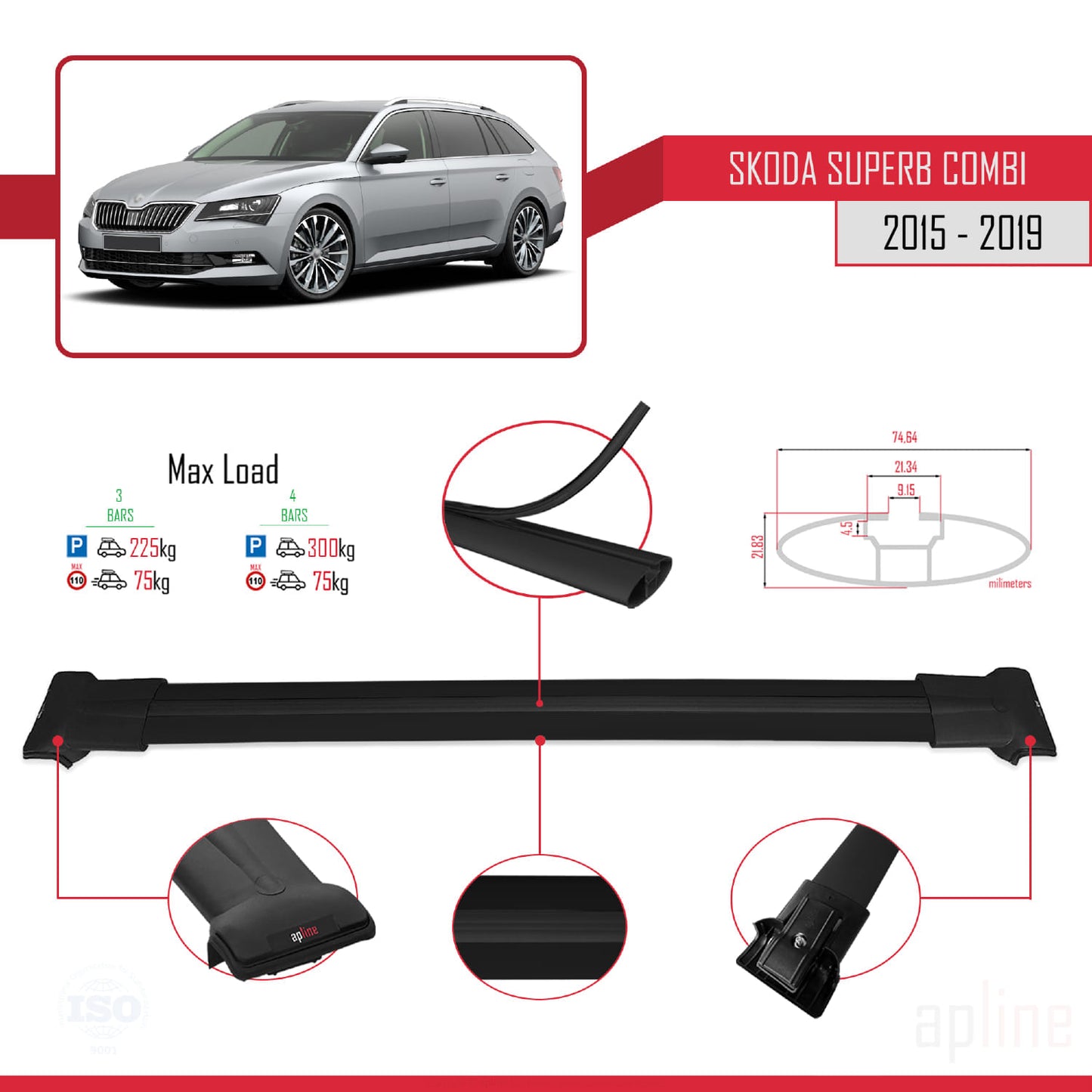 Compatible avec Skoda Superb 3 (3V) Break Pre-Facelift 2015-2019 FLY Model Barres de Toit Railing Porte-Bagages de Voiture Noir Aluminium 3 Barres