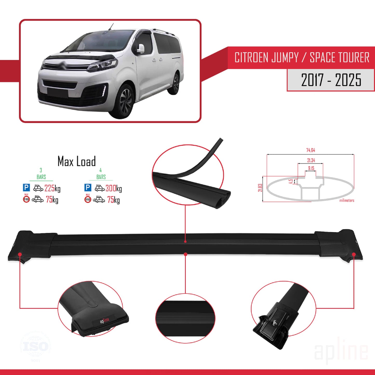 Compatible avec Citroen Jumpy 3 (K0) Space Tourer 2017-2025 FLY Model Barres de Toit Railing Porte-Bagages de Voiture Noir Aluminium 3 Barres