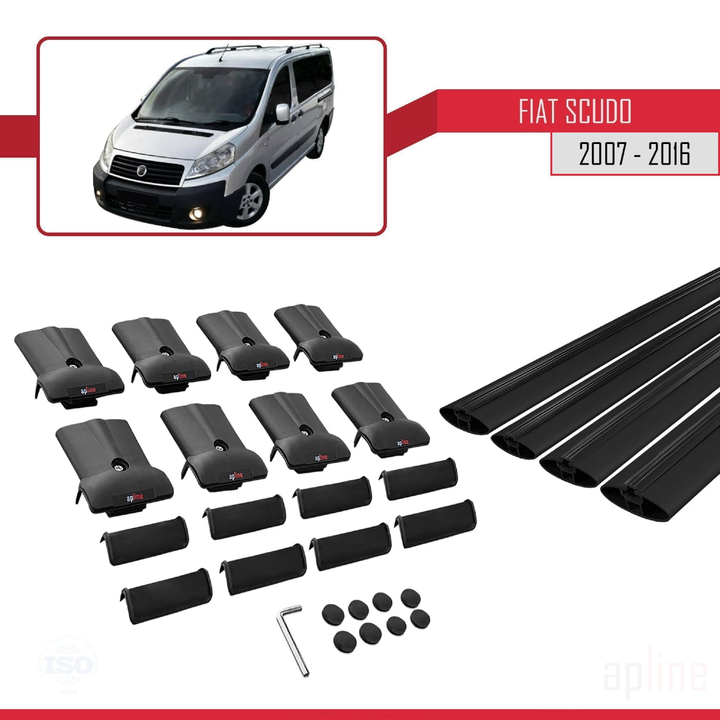 Compatible avec Fiat Scudo 2 2007-2016 FLY Model Barres de Toit Railing Porte-Bagages de Voiture Noir Aluminium 4 Barres