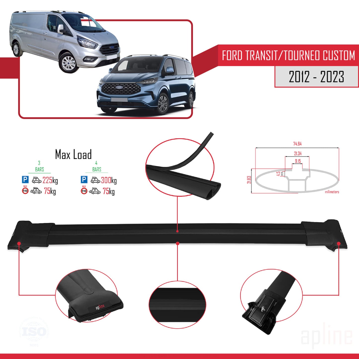 Compatible with Ford Transit/Tourneo Custom 2012-2023 FLY Model Car Roof Rack Cross Bar Black Aluminium 3 Bars
