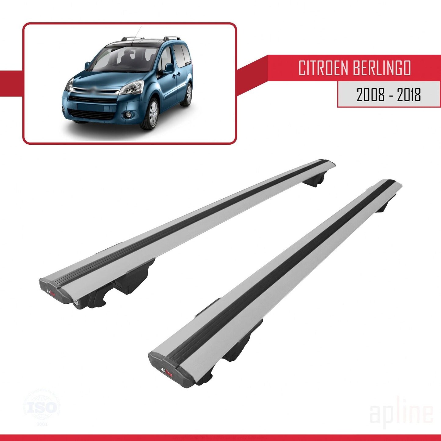 Compatible avec Citroen Berlingo 2 (B9) 2008-2018 HOOK Model Barres de Toit Railing Porte-Bagages de Voiture Gris Aluminium 2 Barres