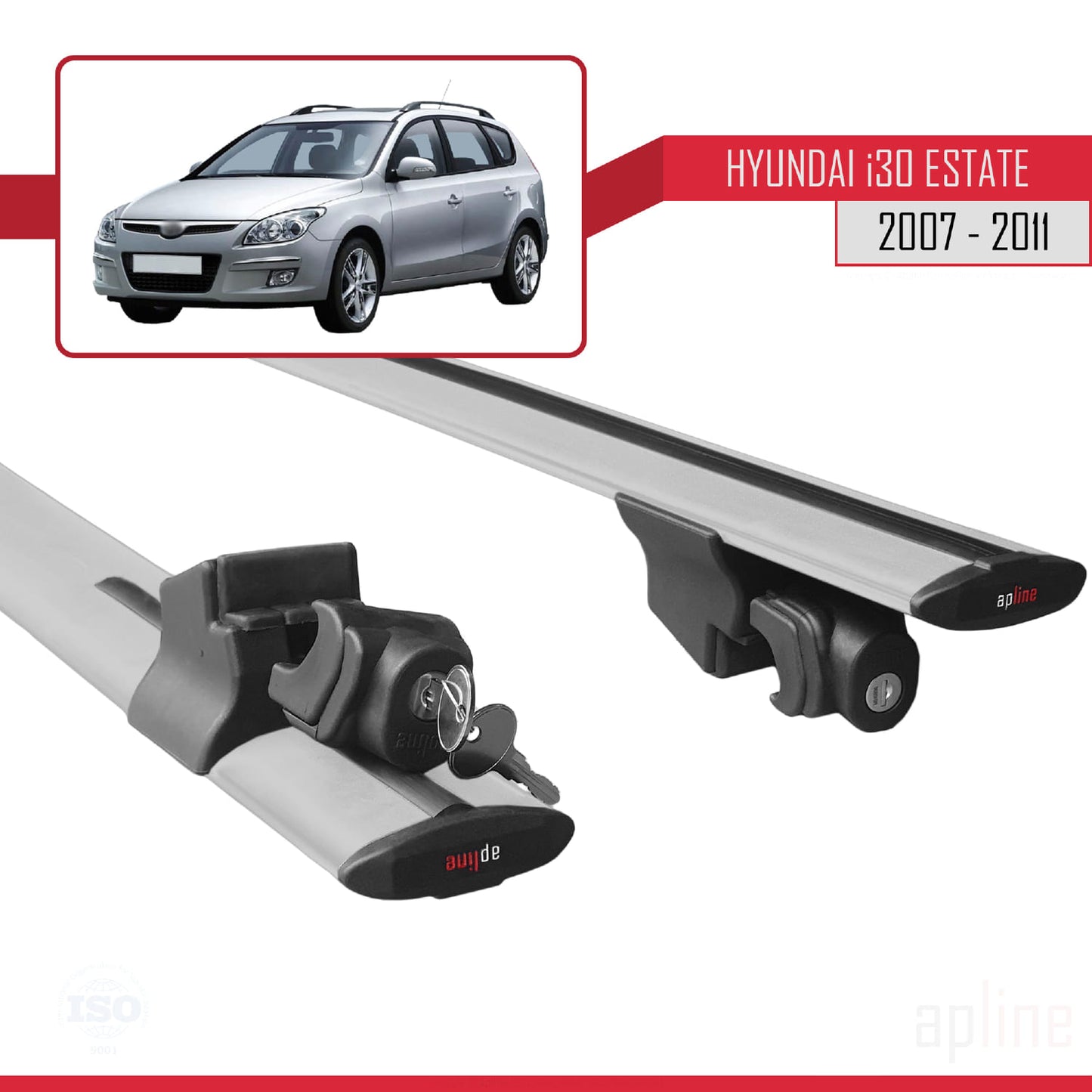 Compatible with Hyundai i30 (FD) SW 2007-2011 HOOK Model Car Roof Rack Cross Bar Grey Aluminium 2 Bars