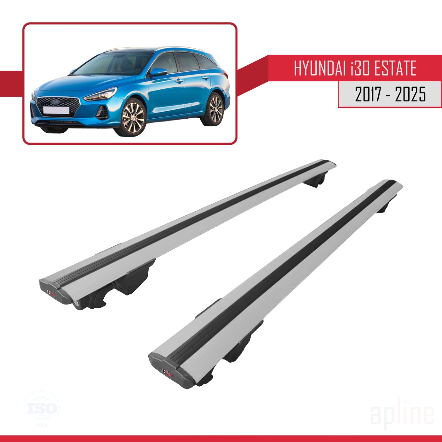 Compatible with Hyundai i30 3 (PD) SW 2017-2025 HOOK Model Car Roof Rack Cross Bar Grey Aluminium 2 Bars