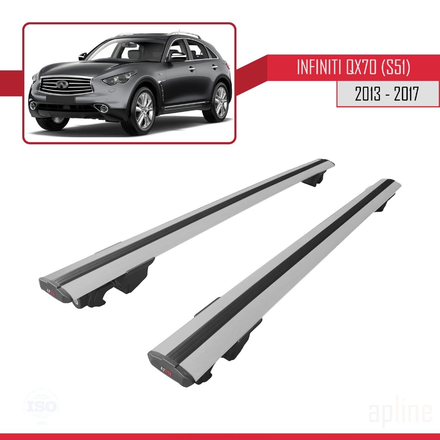 Compatible avec Infiniti QX70 (S51) 2013-2017 HOOK Model Barres de Toit Railing Porte-Bagages de Voiture Gris Aluminium 2 Barres