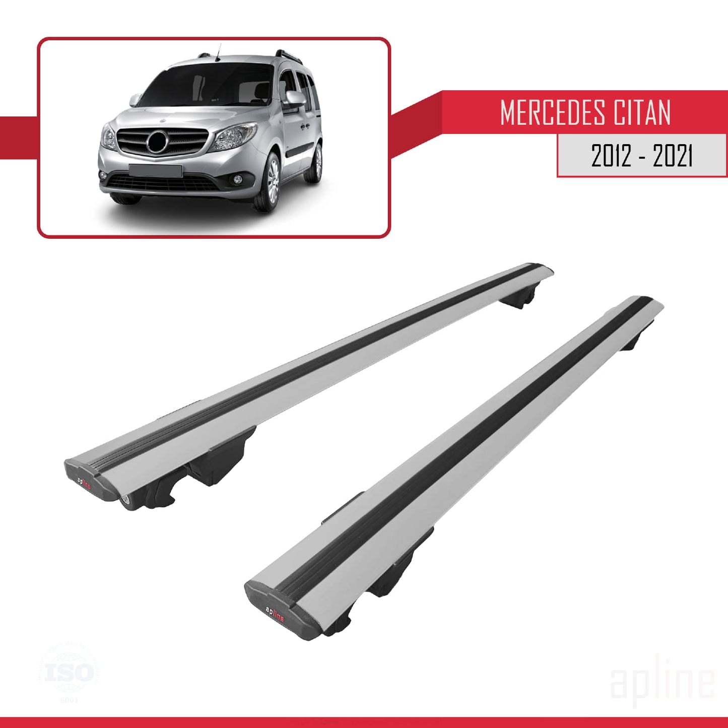 Compatible with Mercedes Citan (W415) 2012-2021 HOOK Model Car Roof Rack Cross Bar Grey Aluminium 2 Bars