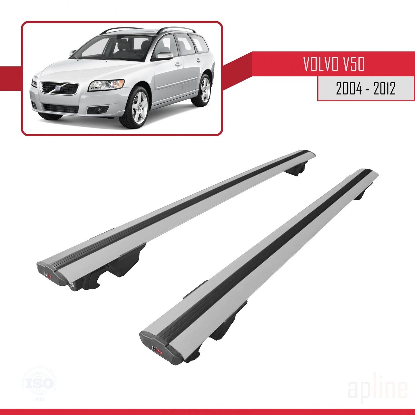 Compatible avec Volvo V50 2004-2012 HOOK Model Barres de Toit Railing Porte-Bagages de Voiture Gris Aluminium 2 Barres