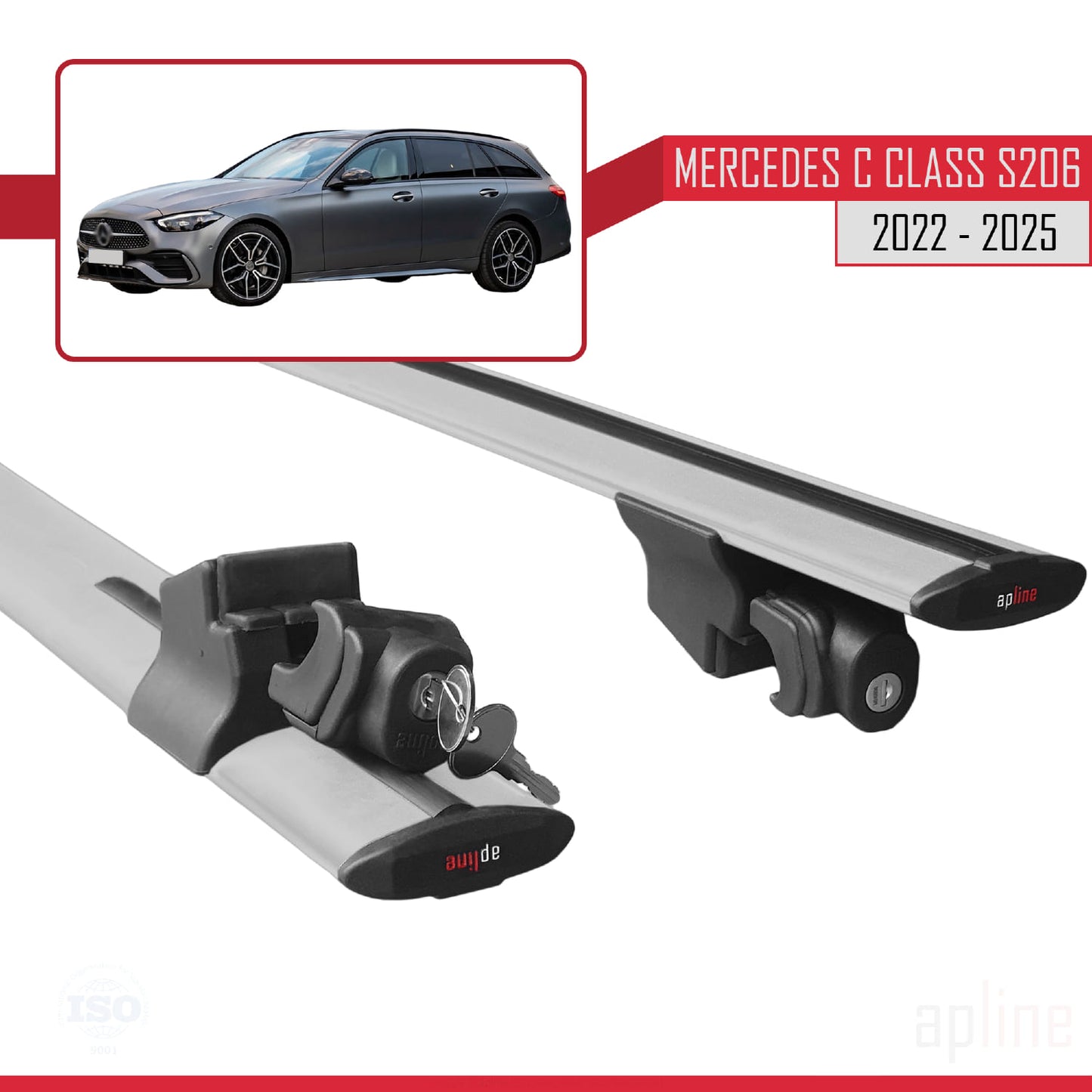 Compatible with Mercedes C Class 5 (S206) 2022-2025 HOOK Model Car Roof Rack Cross Bar Grey Aluminium 2 Bars