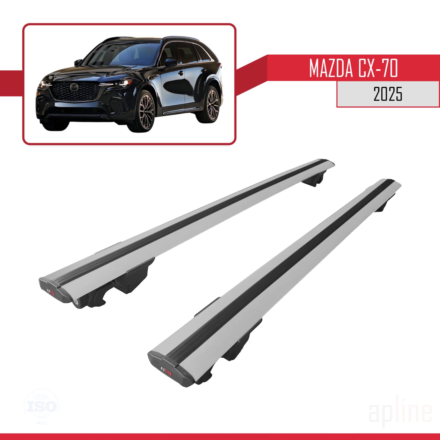 Compatible avec Mazda CX-70 2025 HOOK Model Barres de Toit Railing Porte-Bagages de Voiture Gris Aluminium 2 Barres