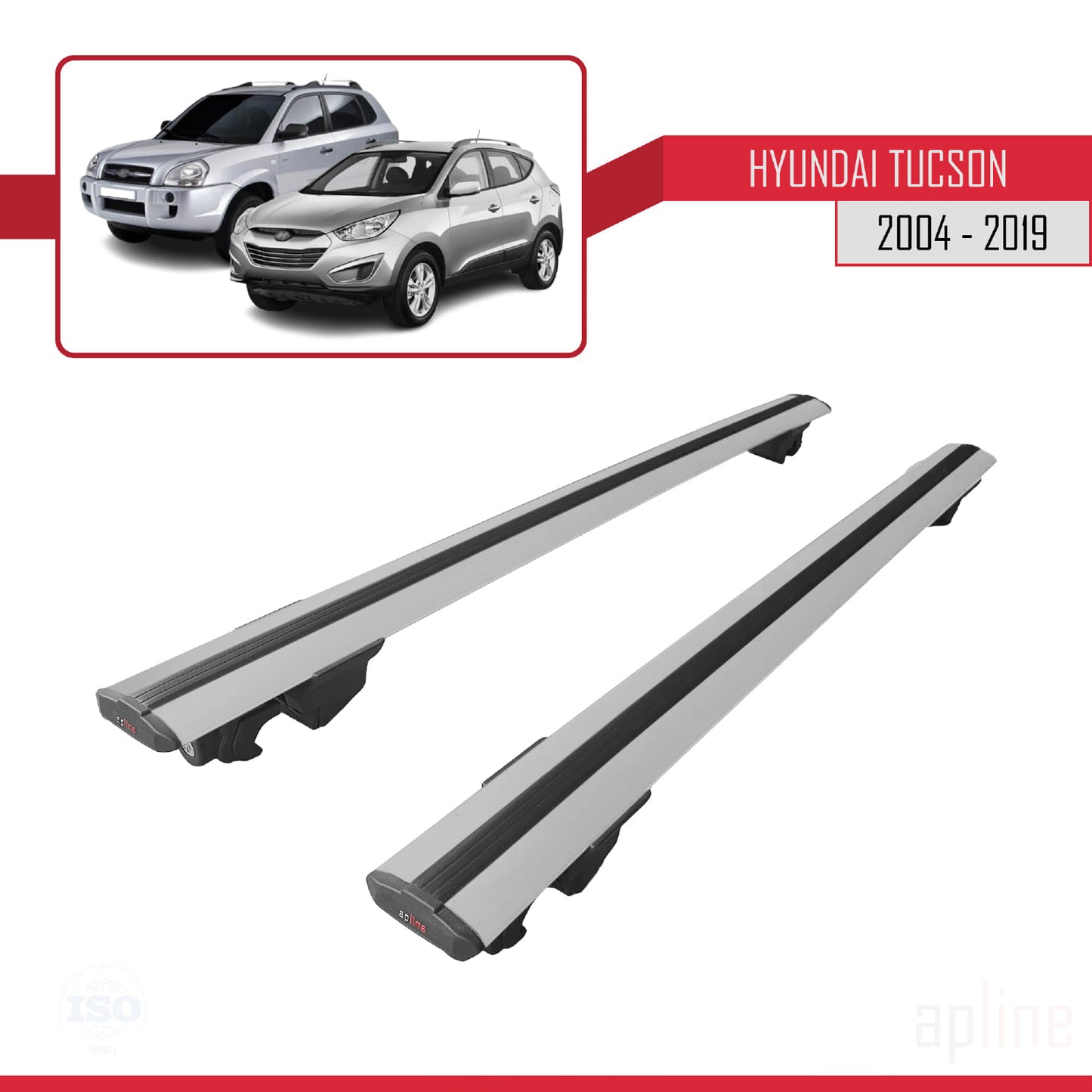 Compatible with Hyundai Tucson (JM) 2004-2019 HOOK Model Car Roof Rack Cross Bar Grey Aluminium 2 Bars