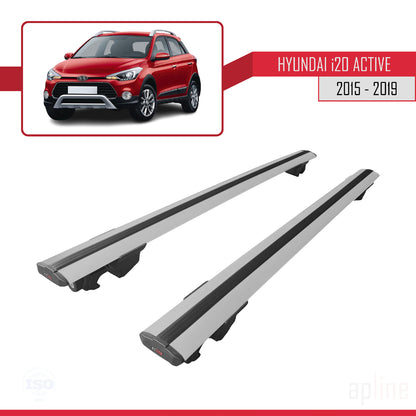 Compatible with Hyundai i20 II Active 2015-2019 HOOK Model Car Roof Rack Cross Bar Grey Aluminium 2 Bars
