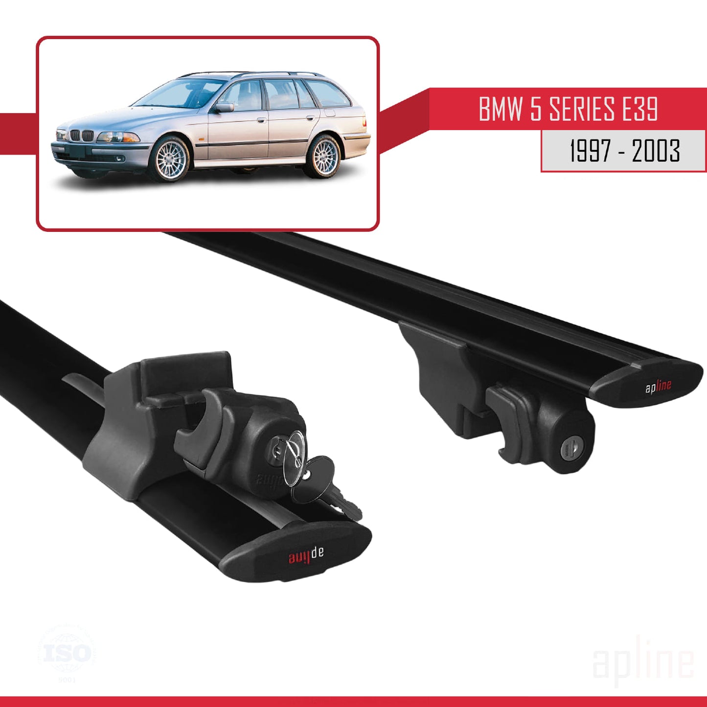 Compatible with BMW 5 Series (E39) Touring 1997-2003 HOOK Model Car Roof Rack Cross Bar Black Aluminium 2 Bars