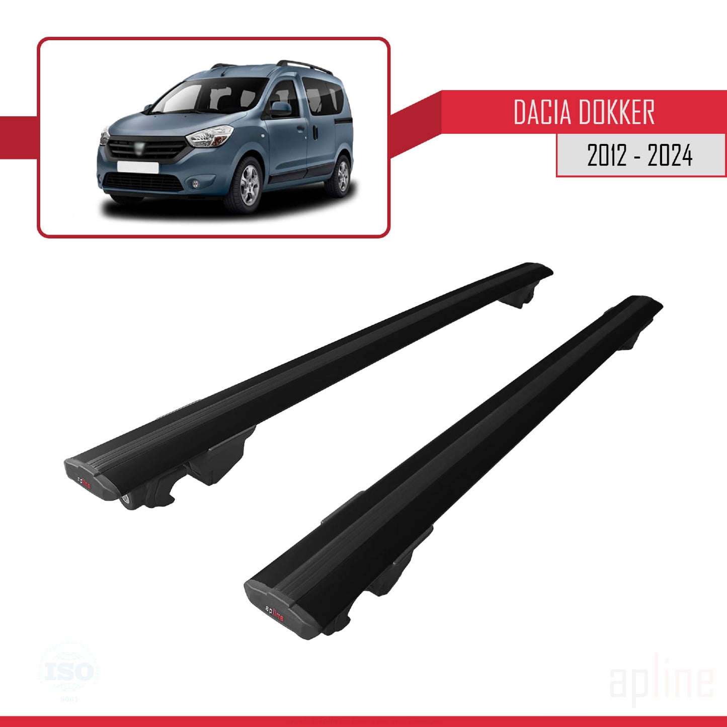 Compatible with Dacia Dokker (K67) 2012-2024 HOOK Model Car Roof Rack Cross Bar Black Aluminium 2 Bars