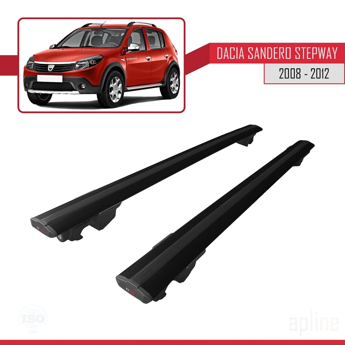 Compatible avec Dacia Sandero Stepway 2008-2012 HOOK Model Barres de Toit Railing Porte-Bagages de Voiture Noir Aluminium 2 Barres