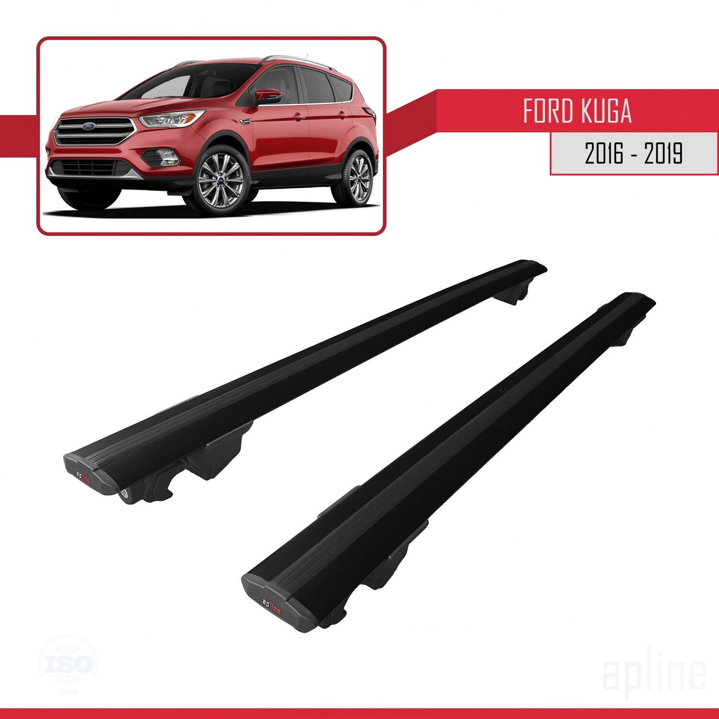 Compatible avec Ford Kuga 2 (C520) Post-Facelift 2016-2019 HOOK Model Barres de Toit Railing Porte-Bagages de Voiture Noir Aluminium 2 Barres
